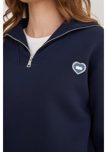 3 Iplik Kalp Nakışlı Yarım Fermuarlı Sweatshirt indirimleri