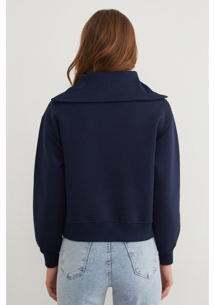 3 Iplik Kalp Nakışlı Yarım Fermuarlı Sweatshirt