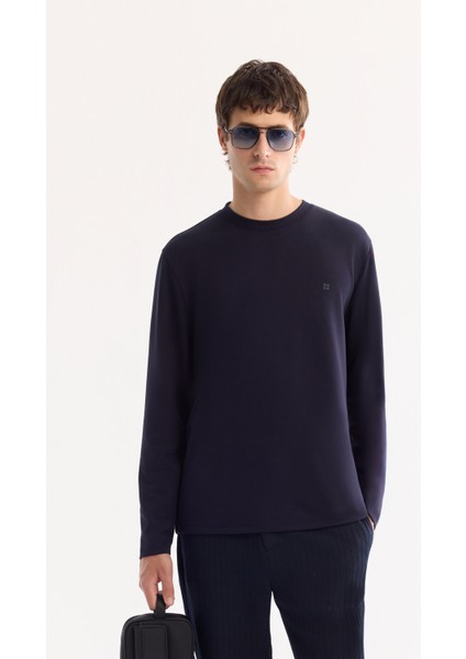 Erkek Lacivert Bisiklet Yaka Viskon Karışımlı Bi-Stretch Basic Regular Fit Sweatshirt B001081