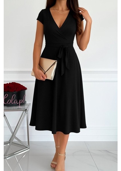 Kadın Kısa Kollu V Yakalı Belden Kuşaklı Maksi Boy Viskon Elbise