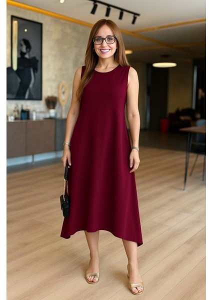 Kadın Askılı Yuvarlak Yakalı Asimetrik Kesim Detaylı Viskon Elbise