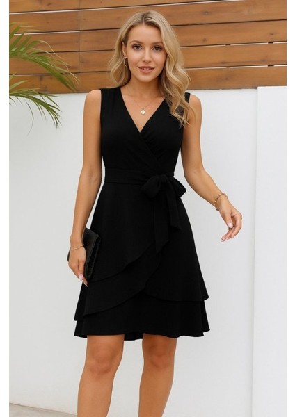 Kadın Kolsuz Kruvaze Yakalı Belden Kuşaklı Janjan Krep Elbise