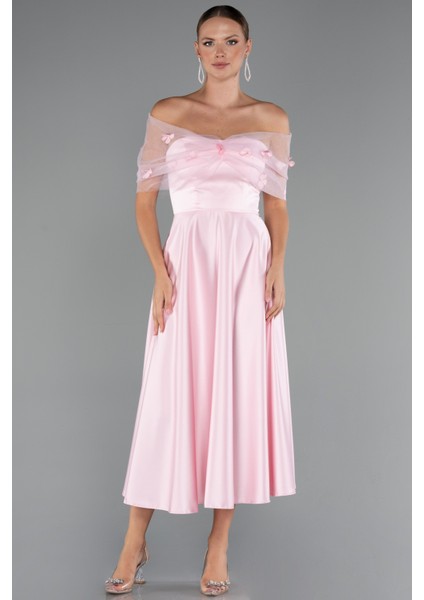 Kayık Yaka Midi Saten Davet Elbisesi ABK2431