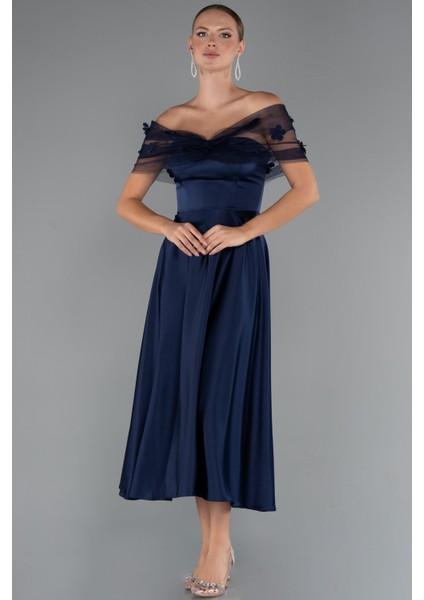 Kayık Yaka Midi Saten Davet Elbisesi ABK2431