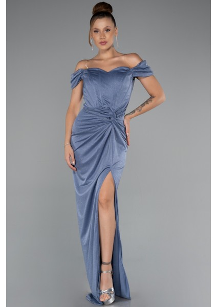 Kayık Yaka Balen Korse Uzun Simli Abiye ABU3473