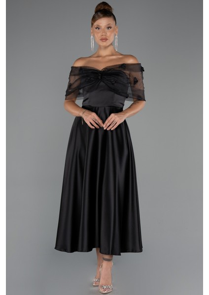 Kayık Yaka Midi Saten Davet Elbisesi ABK2431