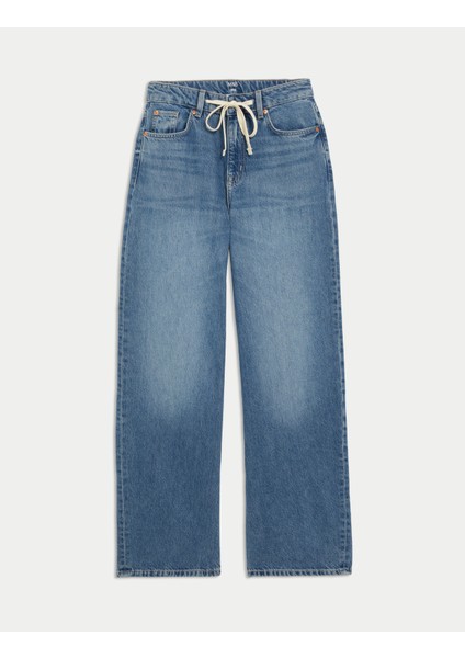 Saf Pamuklu Wide Leg Jean Pantolon