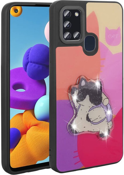 Galaxy A21S Kılıf Şirin Hayvan Figürlü ve Simli Sert Silikon Kapak Royal Case/amas