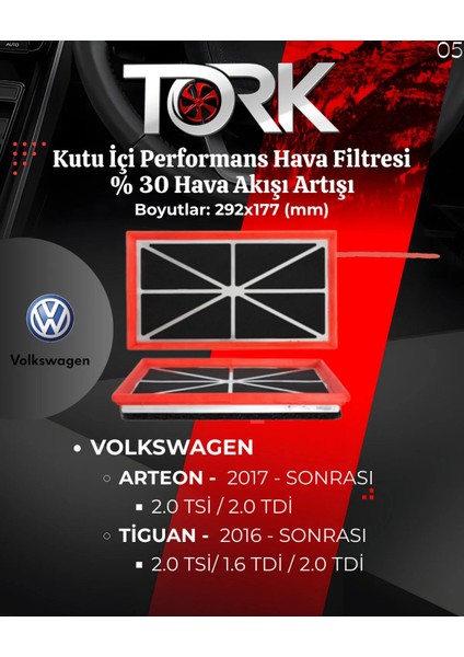 Vw Arteon-Tiguan-(1.6 Tdi-2.0 Tdi) Performans Hava Filtresi-(%30 Hava Akış Artışı) modelleri