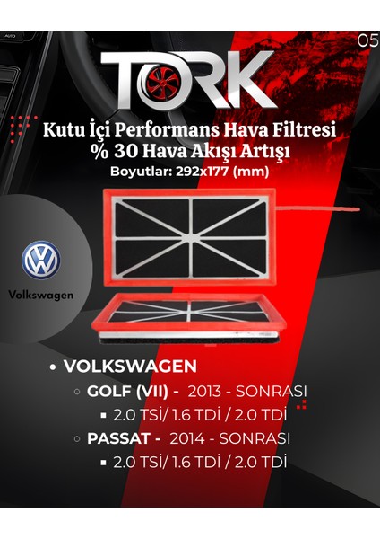 Vw Golf-Passat- (1.6 Tdi-2.0 Tdi) Performans Hava Filtresi-(%30 Hava Akış Artışı)