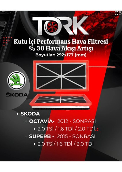 Skoda Octavia-Superb-(1.6 Tdi-2.0 Tdi-2.0 Tsi) Performans Hava Filtresi-(%30 Hava Akış Artışı)