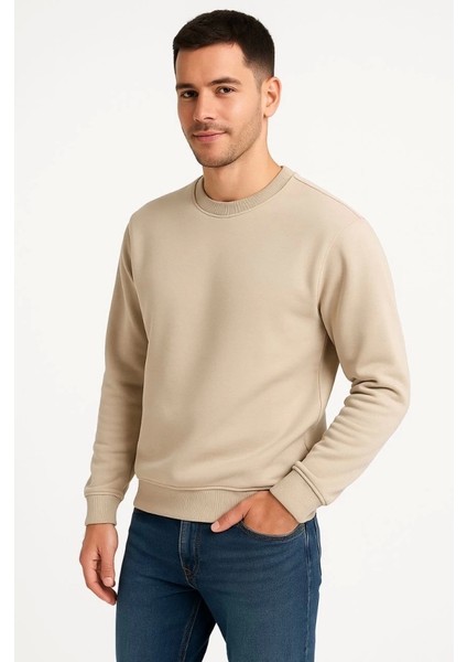 Erkek Üç Iplik Düz Bisiklet Yaka Sweatshirt - Bej