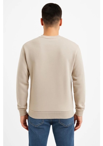 Erkek Üç Iplik Düz Bisiklet Yaka Sweatshirt - Bej modelleri