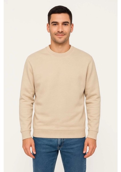 Erkek Üç Iplik Düz Bisiklet Yaka Sweatshirt - Bej fırsatları