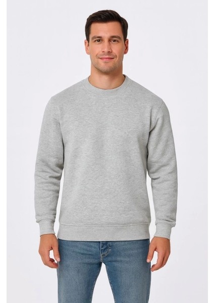 Erkek Üç Iplik Düz Bisiklet Yaka Sweatshirt - Gri