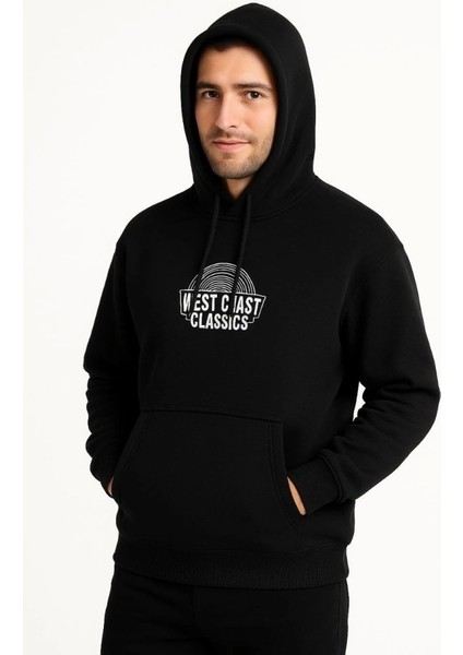Erkek Üç Iplik Kapüşonlu Ön ve Arka Baskılı Sweatshirt Hoodie - Siyah