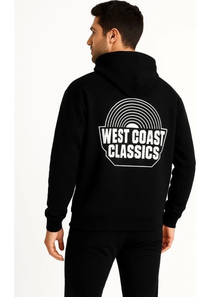 Erkek Üç Iplik Kapüşonlu Ön ve Arka Baskılı Sweatshirt Hoodie - Siyah fırsatları