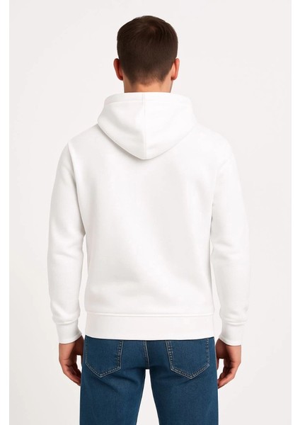 Erkek Üç Iplik Kapüşonlu Kanguru Cepli Sweatshirt Hoodie - Beyaz fiyatları