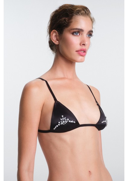 Siyah Tiara Mini Taşlı Balensiz Dolgusuz Üçgen Sütyen