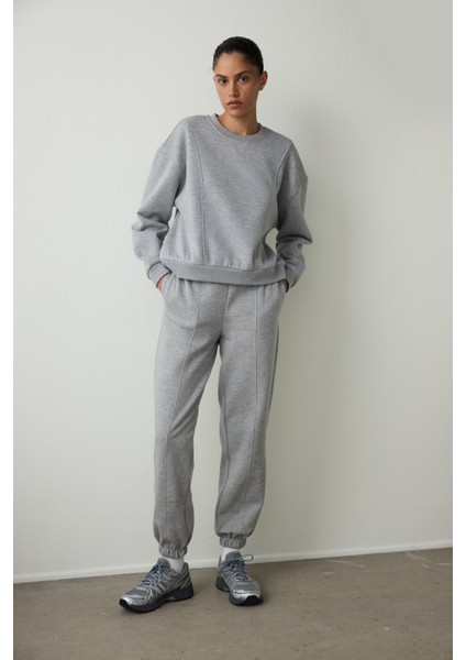 Gri Melanj Curvy Side Bisiklet Yaka Oversize Kısa Sweatshirt