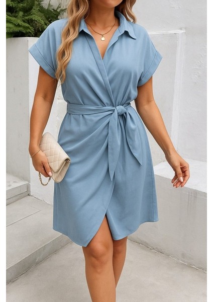 Kadın Kısa Kollu Yakalı Yandan Bağlamalı Dokuma Elbise