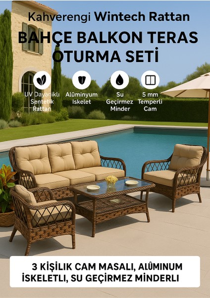 Kahverengi Wintech Rattan Tasarımlı Cappuccino Minderli Bahçe Oturma Grubu 4’lü | Temperli Cam Sehpa | Suya ve Güneşe Dayanıklı