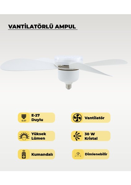 5 Kanatlı Vantilatör LED Ampul 3 Renk - Kumandalı