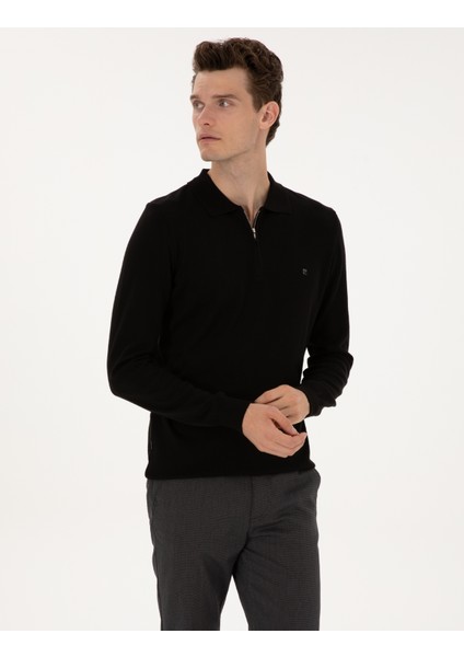 Erkek Siyah Slim Fit Polo Yaka Fermuarlı Basic Triko Kazak 50314191-VR046 fırsatları