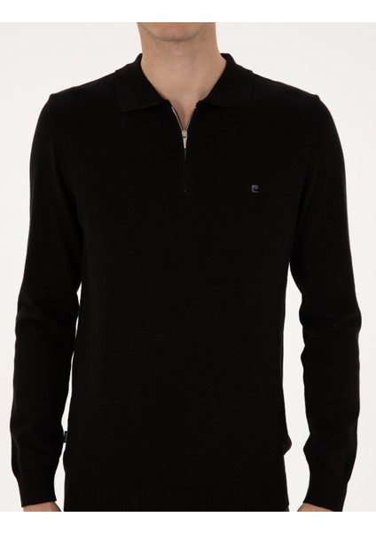 Erkek Siyah Slim Fit Polo Yaka Fermuarlı Basic Triko Kazak 50314191-VR046