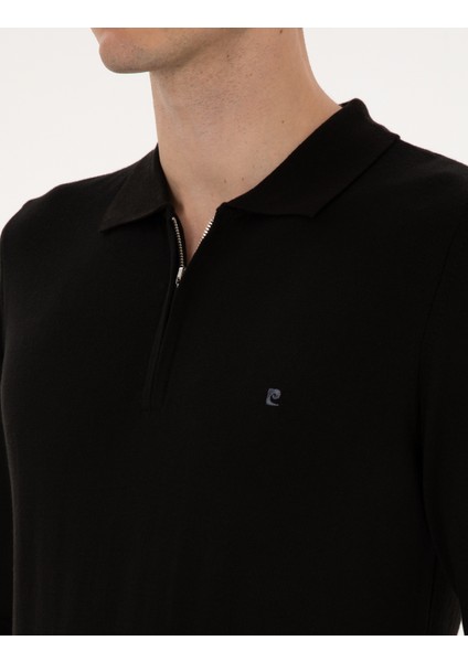 Erkek Siyah Slim Fit Polo Yaka Fermuarlı Basic Triko Kazak 50314191-VR046