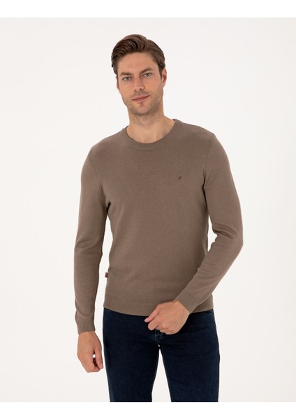 Erkek Vizon Melanj Slim Fit Bisiklet Yaka Basic Triko Kazak 50314192-VR174