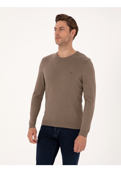 Erkek Vizon Melanj Slim Fit Bisiklet Yaka Basic Triko Kazak 50314192-VR174 modelleri