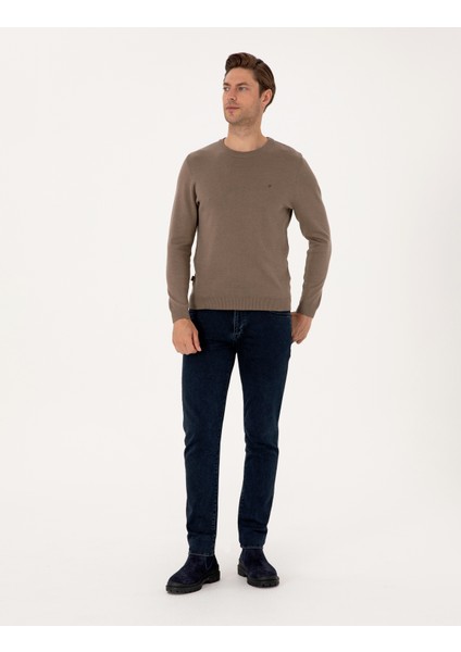 Erkek Vizon Melanj Slim Fit Bisiklet Yaka Basic Triko Kazak 50314192-VR174 fırsatları