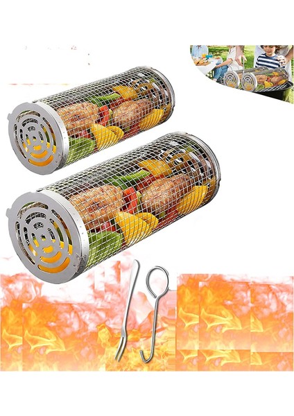 Açık Hava Izgara Barbeküsü Için Tekerlekli Izgara Sepetleri Büyük Paslanmaz Çelik Örgü Ağ Boru Yuvarlak Kafes Tel Barbekü Silindiri (Yurt Dışından) indirimleri