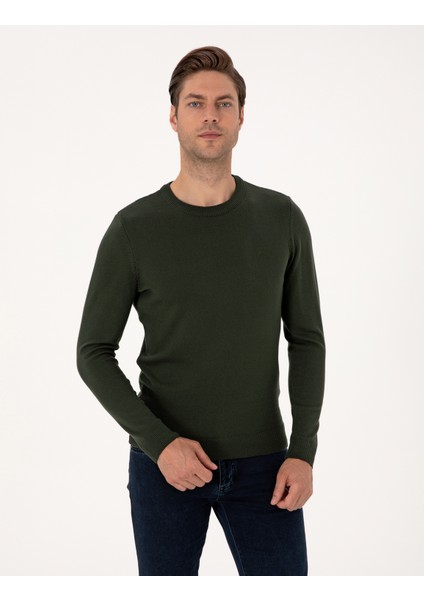 Erkek Koyu Haki Slim Fit Bisiklet Yaka Basic Triko Kazak 50314192-VR111