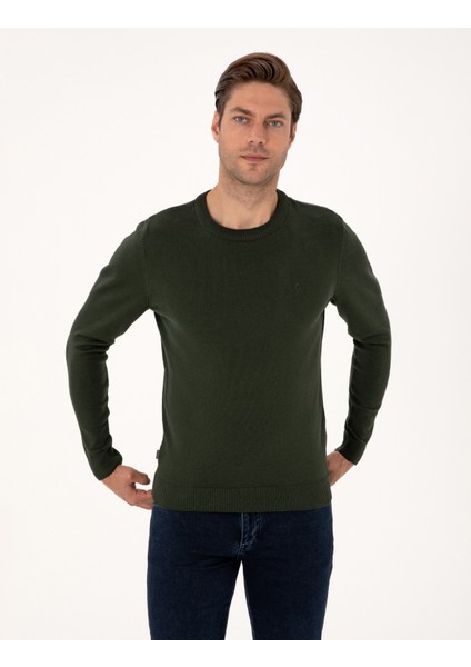 Erkek Koyu Haki Slim Fit Bisiklet Yaka Basic Triko Kazak 50314192-VR111 modelleri