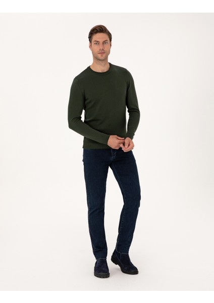 Erkek Koyu Haki Slim Fit Bisiklet Yaka Basic Triko Kazak 50314192-VR111 fırsatları