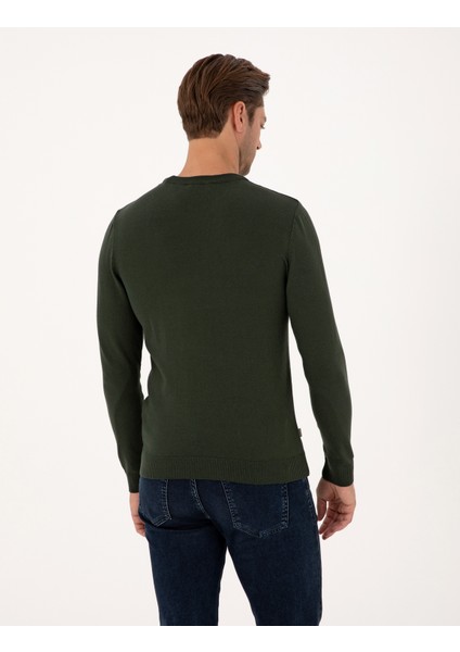 Erkek Koyu Haki Slim Fit Bisiklet Yaka Basic Triko Kazak 50314192-VR111 indirimleri