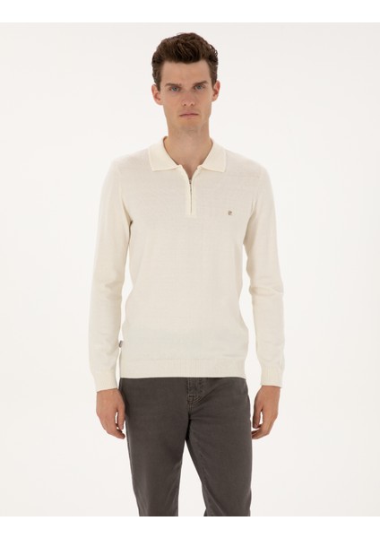 Erkek Ekru Slim Fit Polo Yaka Fermuarlı Basic Triko Kazak 50314191-VR019