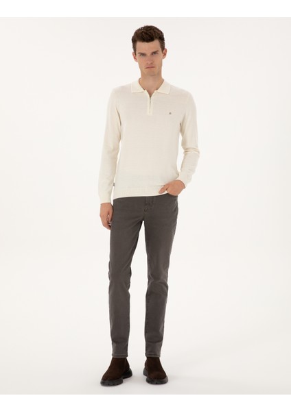 Erkek Ekru Slim Fit Polo Yaka Fermuarlı Basic Triko Kazak 50314191-VR019 fırsatları