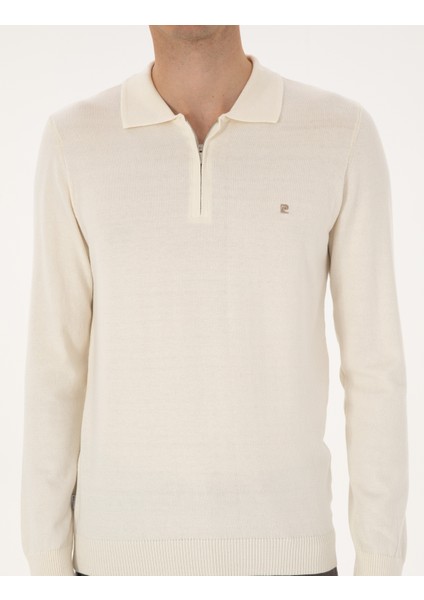 Erkek Ekru Slim Fit Polo Yaka Fermuarlı Basic Triko Kazak 50314191-VR019