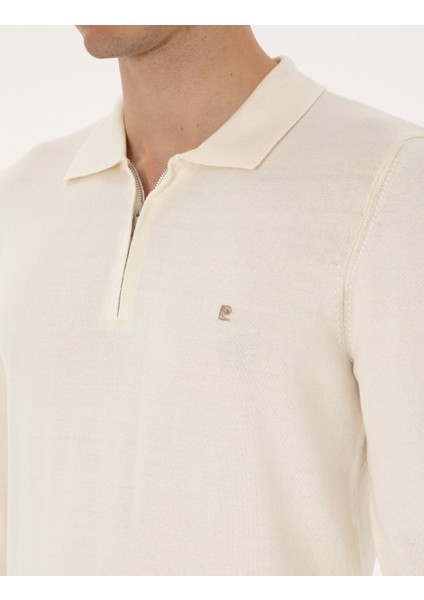 Erkek Ekru Slim Fit Polo Yaka Fermuarlı Basic Triko Kazak 50314191-VR019