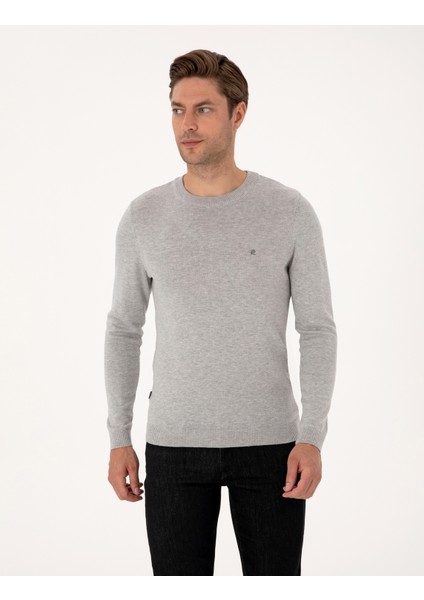 Erkek Açık Gri Melanj Slim Fit Bisiklet Yaka Basic Triko Kazak 50314192-VR091