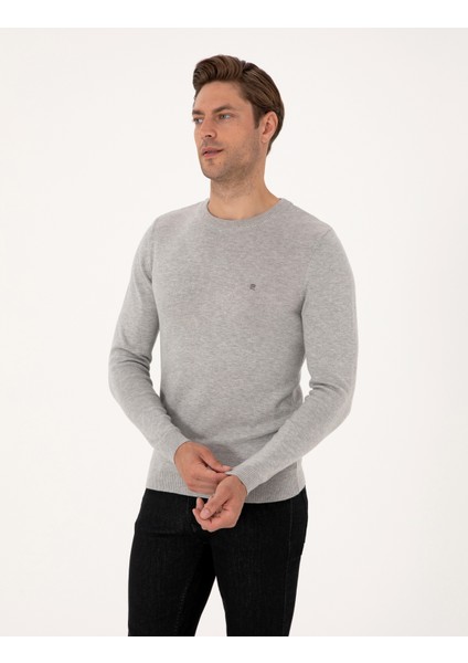 Erkek Açık Gri Melanj Slim Fit Bisiklet Yaka Basic Triko Kazak 50314192-VR091 modelleri