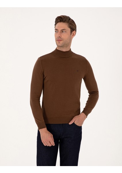 Erkek Koyu Kahverengi Slim Fit Yarım Balıkçı Yaka Basic Triko Kazak 50314176-VR084