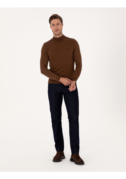 Erkek Koyu Kahverengi Slim Fit Yarım Balıkçı Yaka Basic Triko Kazak 50314176-VR084 fırsatları