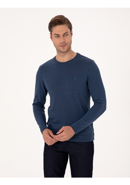 Erkek Indigo Melanj Slim Fit Bisiklet Yaka Basic Triko Kazak 50314192-VR155
