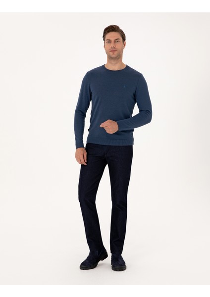 Erkek Indigo Melanj Slim Fit Bisiklet Yaka Basic Triko Kazak 50314192-VR155 fırsatları