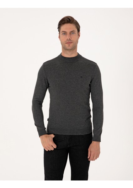 Erkek Antrasit Melanj Slim Fit Çeyrek Yaka Basic Triko Kazak 50314188-VR081