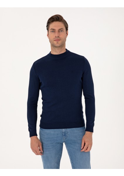 Erkek Açık Lacivert Slim Fit Çeyrek Yaka Basic Triko Kazak 50314188-VR059